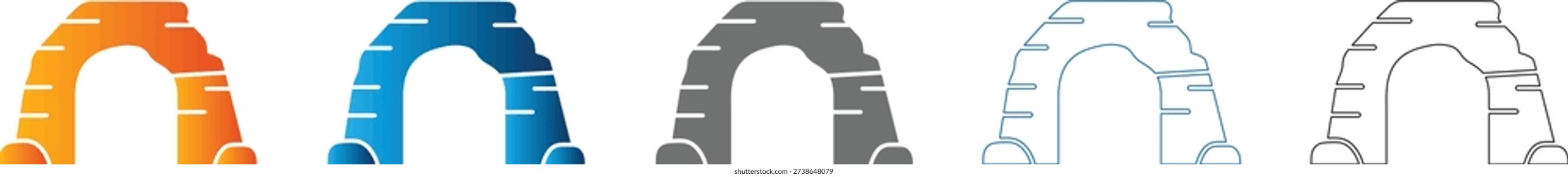 Collection of simple flat icon set designs for archways, gateways, and portals, presented in solid black and various colors, isolated on white.