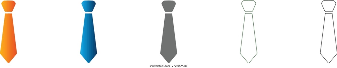 Eine Kollektion von einfachen flachen Icon-Krawatten-Designs, einschließlich solider schwarzer und Umrissversionen, perfekt für Business- und formale Verschleißkonzepte.