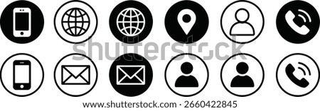 A collection of simple, flat icons displaying contact details and user information. Featured are symbols for phone, email, location, globe, and account in varied designs.