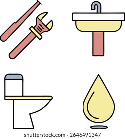 Uma coleção de ícones planos simples relacionados com serviços de encanamento. Os ícones incluem uma chave de tubos com uma alça vermelha e mandíbula amarela, um banheiro com um tanque vermelho e tigela amarela 