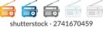 Collection of simple flat icons representing retro radios in various colors and styles, perfect for broadcast or audio themes.