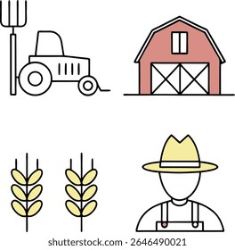 A collection of simple, flat icons representing farming. A pink barn with a dark opening is at the top. Below it are two clusters of yellow wheat stalks. 