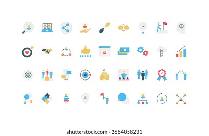 Coleção de ícones planos simples representando trabalho em equipe, colaboração, liderança, comunicação, crescimento de negócios e conceitos de sucesso ilustração de vetor isolada