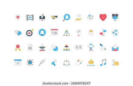 Colección de iconos planos simples que representan narración, medios, comunicación, creatividad, escritura, intercambio y conceptos de contenido digital Ilustración vectorial aislada
