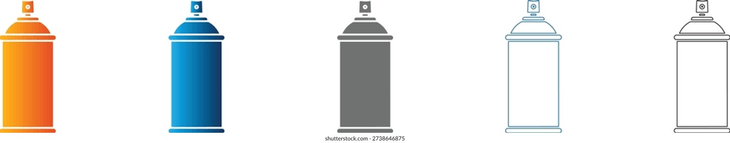 Collection of simple flat icons representing spray paint cans in various colors and styles, solid black, vector, isolated on white background.