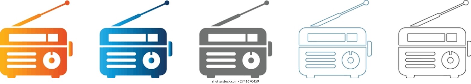 Collection of simple flat icons representing retro radios in various colors and styles, perfect for broadcast or audio themes.