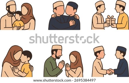 A collection of simple flat illustrations depicting Muslim families and individuals engaging in celebratory activities, such as embracing, greeting