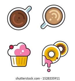 collection of simple flat linear icons for cafe, vector illustrations of coffee donuts and cupcake, good as menu icon or logotype.