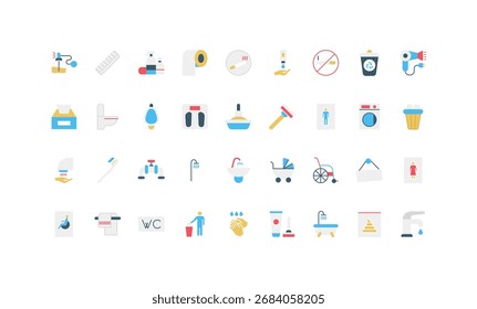 Sammlung von einfachen flachen Toilettensymbolen, einschließlich Hygiene, Reinigung, Zugänglichkeit und Badessentials für öffentliche und private Waschraumkonzepte, einzelne Vektorgrafik