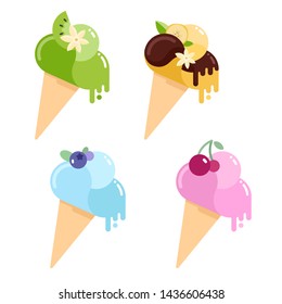 Collection of simple flat style vector illustration of ice cream cones with melting balls decorated with syrup drops, leaves, fruit and berries. Cute ice-cream with farious flavours