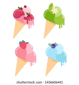 Collection of simple flat style vector illustration of ice cream cones with melting balls decorated with syrup drops, leaves, fruit and berries. Cute ice-cream with farious flavours