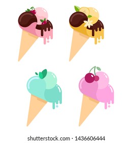 Collection of simple flat style vector illustration of ice cream cones with melting balls decorated with syrup drops, leaves, fruit and berries. Cute ice-cream with farious flavours