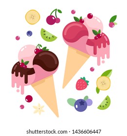 Collection of simple flat style vector illustration of ice cream cones with melting balls decorated with syrup drops, leaves, fruit and berries. Cute ice-cream with farious flavours