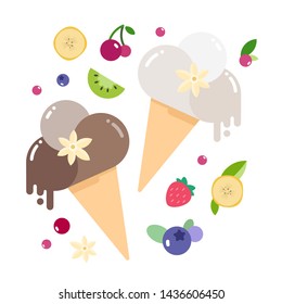 Collection of simple flat style vector illustration of ice cream cones with melting balls decorated with syrup drops, leaves, fruit and berries. Cute ice-cream with farious flavours