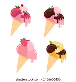 Collection of simple flat style vector illustration of ice cream cones with melting balls decorated with syrup drops, leaves, fruit and berries. Cute ice-cream with farious flavours