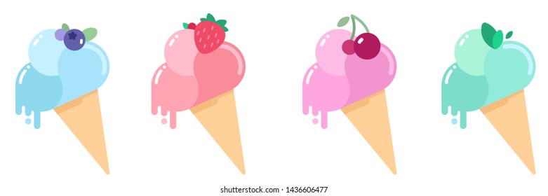 Collection of simple flat style vector illustration of ice cream cones with melting balls decorated with syrup drops, leaves, fruit and berries. Cute ice-cream with farious flavours