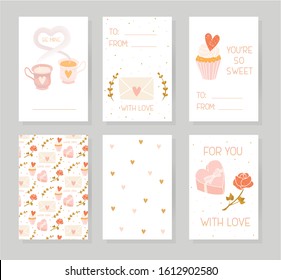 Collection of simple flat Valentine's Day cute ready-to-use gift cards. Celebration tags set, poster, postcard, invitation, banner. Romantic vector illustration. Seamless pattern.