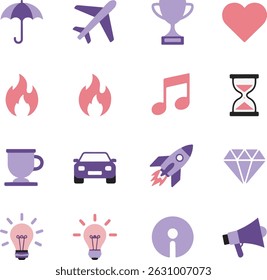 Collection of simple flat vector icons in purple and pink representing various concepts