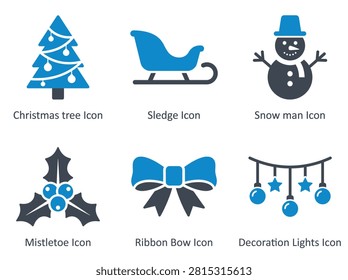 A collection of simple flat vector icons representing Christmas and winter holiday symbols in a blue and dark grey color palette for festive designs.