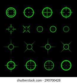 Collection Of Simple Flat Vector Targets Isolated On Black Background. Different Crosshair Icons. Aiming Mark Templates. Shooting Gun Bullet Sign Design.