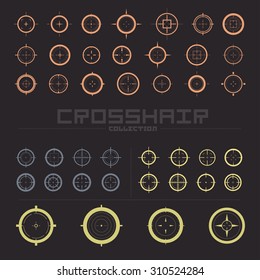 Collection Of Simple Flat Vector Targets Isolated On Dark Background. Different Crosshair Icons. Aims Templates. Shooting Marks Design. Scope Sniper Gun Sign.