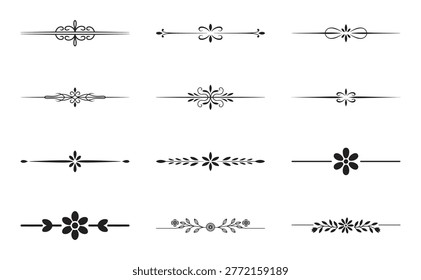 Collection of simple floral dividers and elegant line ornaments. Black vector elements for clean page separation.