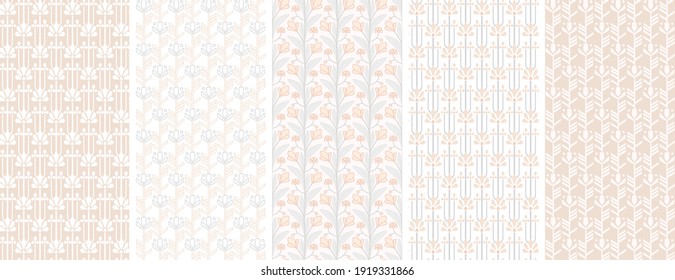 collection of simple floral seamless patterns in light colors for branding, merch designs, wrapping, packaging, wallpapers, fabric, textile, home decor items