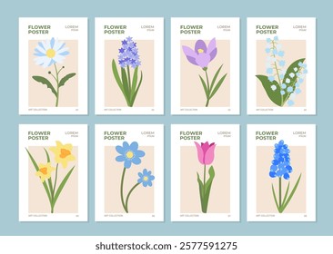 Collection Simple Flower Market Posters in Flat Style. Naive Spring and Summer Floral Card Design. Trendy Botanical Wall Art with Floral Design. Modern Naive, Groovy, Funky Interior Template, Painting