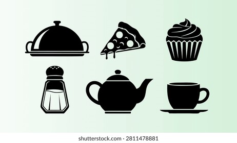 Collection of simple food and dining icons including pizza cupcake teapot and more