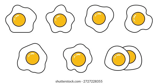Uma coleção de ícones de ovos fritos simples com gemas amarelas brilhantes e brancos brancos em diversas formas orgânicas. Este conjunto vetorial é perfeito para menus de café da manhã, embalagens de alimentos e projetos gráficos com temas de culinária.