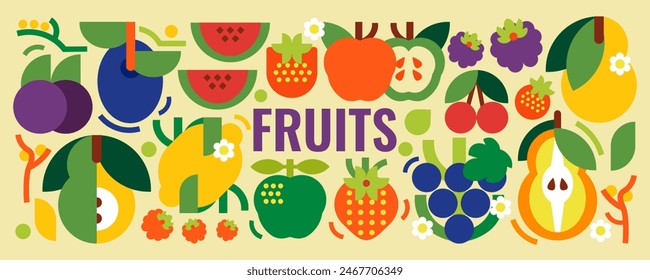 A collection of simple fruits. Vector illustration of food. Apples, pears, strawberries, plums, grapes, raspberries, cherries, watermelon, blackberries, lemons. Geometric design