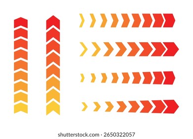 A collection of simple, futuristic abstract red-yellow arrows is isolated on a transparent background. These graphic elements are suitable for interfaces or designs. Vector illustration