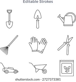 Colección de herramientas de jardinería simples, incluidos guantes de rastrillo de pala, podadora, cortadora de césped, regadera y paquete de semillas