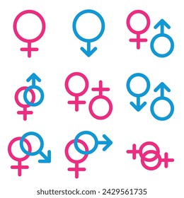 Colección de iconos planos de vector relacionados con el género simple. Contiene iconos como femenino, masculino, género, mismo sexo y más. Trazo editable. 64x64 píxeles