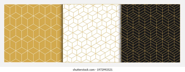 Collection of simple geometric seamless patterns in golden, white and black colours. Vector illustration