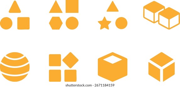uma coleção de formas geométricas simples. Formas geométricas 3D, incluindo triângulos, quadrados, círculos, esferas e cubos, organizados em um estilo minimalista	