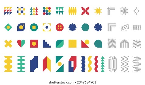 Collection of simple geometric shapes. Inspired by Swiss minimalism, Bauhaus, Brutalism, retrofuturism. Abstract design elements. Color Vector flat and outline objects isolated on white background.