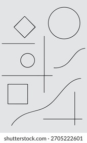 Colección de Formas y líneas geométricas simples, incluidos diamantes, óvalos, rectángulos y curvas, sobre un fondo liso.