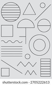 Coleção de formas e linhas geométricas simples, incluindo círculos, ovais, retângulos, triângulos e linhas onduladas, apresentadas em um gráfico minimalista, preto e branco.