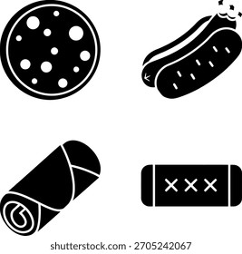 Collection of simple glyph icons featuring popular fast food and snack items on a clean background.