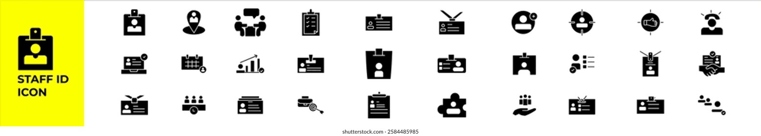 A collection of simple glyph icons representing staff identification cards. Includes various ID badge designs, employee credentials, and access cards. Ideal for business.