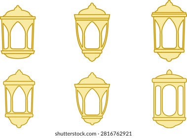A collection of simple golden Islamic lantern illustrations inspired by traditional Ramadan and Eid decorations. Perfect for greeting cards, festive designs, branding, icons, invitations, and cultural event graphics.