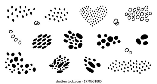 Collection of simple graphic elements. Set of geometric shapes for creating modern designs templates, patterns, backgrounds. Black dots of different types, sizes are combined into large texture spots.