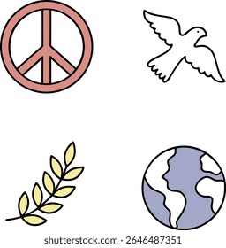 A collection of simple graphic icons on a white background. In the top left is a pink peace symbol. In the bottom left is a cluster of yellow leaves resembling an olive branch. 