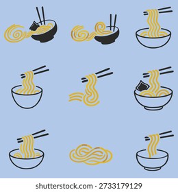 Uma coleção de ilustrações gráficas simples retratando vários arranjos de macarrão dourado em tigelas pretas com pauzinhos, contra um fundo azul claro.