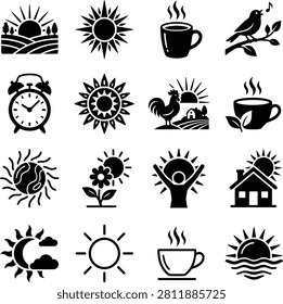 Collection of simple graphic symbols depicting dawn hot beverages and avian life representing fresh starts and diurnal cycles for commercial use.