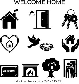 Collection of simple graphic symbols for real estate concepts like new beginnings family comfort and safe dwelling. Ideal for property marketing.