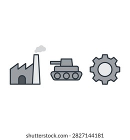 Collection of simple gray icons. Includes a factory with smokestack, a military tank vehicle, and an industrial gear. Suitable for industry and engineering concepts.