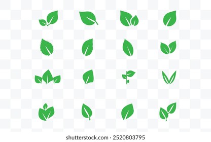 Collection of simple green leaf icons in different forms. Each leaf design symbolizes nature and sustainability, arranged in a grid on a white background.