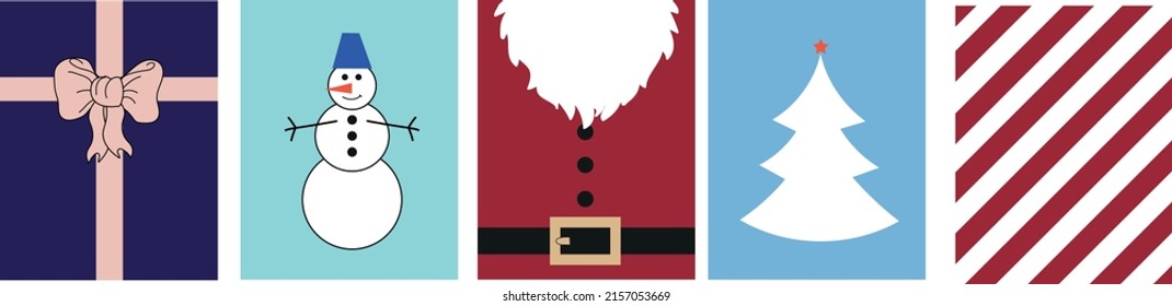 Collection of simple greeting cards in the style of the new year and Christmas: a gift, Santa Clacus, Christmas tree, snowman, striped candy cane on a colored background